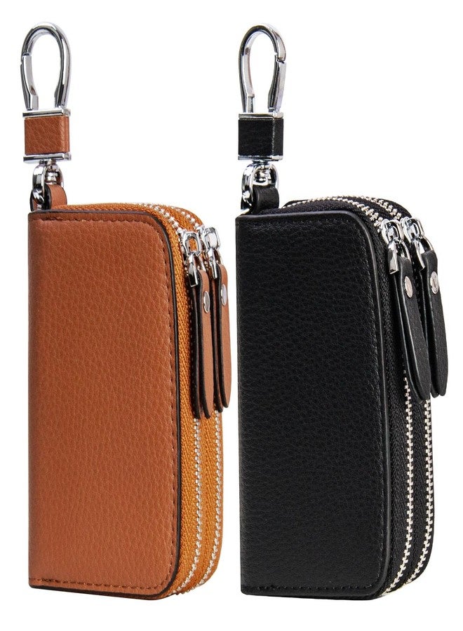 UVKDEENK 2 Pack Double Zipper Car Key Case, Retro Leather Car Key Fob Holder, Women Key Organizer with Metal Hook Keyring, Mens Vintage Key Coin Bag Black Brown - Image 1